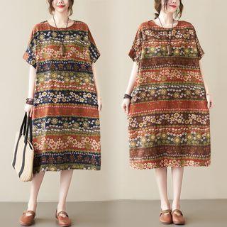Elbow-sleeve Floral Linen Midi A-line Dress