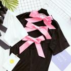 Plain Open-back Bow Loose-fit Short-sleeve T-shirt