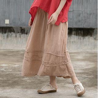 Elastic-waist Midi A-line Skirt Yellow - One Size