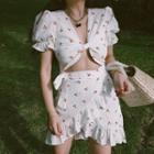 Short-sleeve Cherry Print Knit Crop Top / Mini Skirt