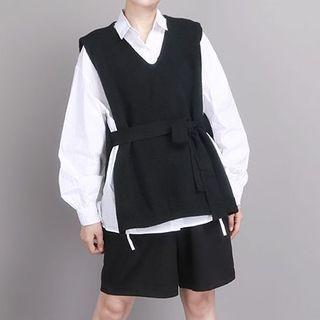 Tie-waist Knit Vest Black - One Size