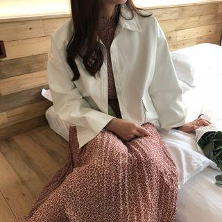 Set: Long-sleeve Floral Print Midi Dress + Shirt Shirt - White - One Size / Dress - Red - One Size