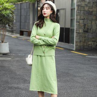 Set: Sleeveless Knit A-line Dress + Cardigan