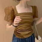 Short-sleeve Square Neck Organza Crop Top Brown - One Size