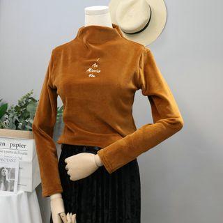 Letter Embroidered Mock Neck Long Sleeve T-shirt