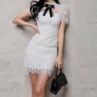 Bow-neck Cutout Lace Mini Bodycon Dress
