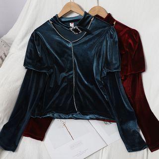 Faux Pearl Puff-sleeve Velvet Blouse