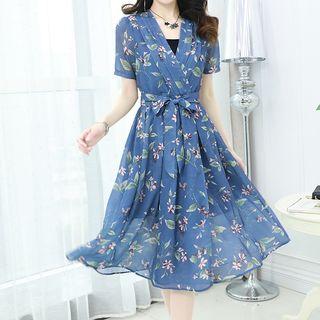 V-neck Short-sleeve Printed Chiffon Dress