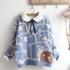 Bear Print Sweater / Lace Collar Blouse / Set
