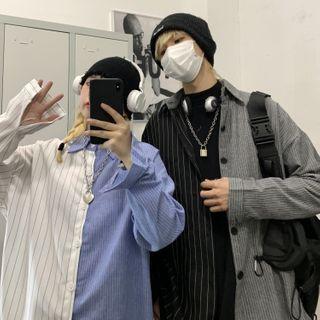 Couple Matching Long Sleeve Asymmetrical Stripe Button-up Shirt