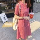 Short-sleeve Contrast Trim Buttoned A-line Midi Dress Pink - One Size