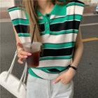 Sleeveless Shoulder-padded Striped Polo Top