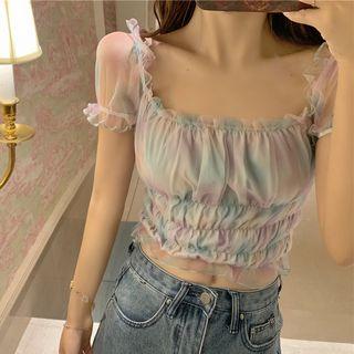 Short-sleeve Square-neck Crop Top As Shown In Figure - One Size