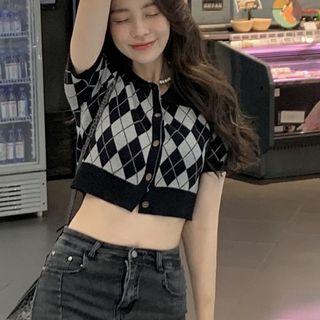 Short-sleeve Argyle Print Crop Knit Top / Denim Pencil Skirt