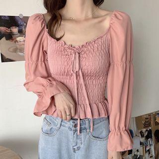 Chiffon Panel Long-sleeve Cropped Knit Top