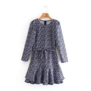 Long-sleeve Floral Ruffled Trim Midi Dress