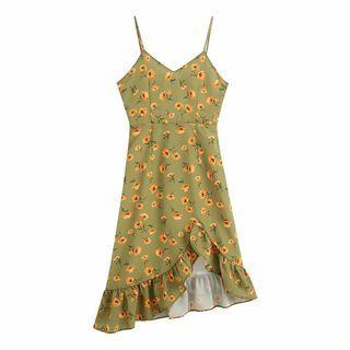 Spaghetti Strap Floral Ruffle Hem Midi A-line Dress