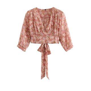 Elbow-sleeve Cropped Floral Top
