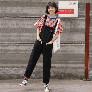 Short-sleeve Striped T-shirt / Cropped Jumper Pants / Set