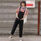 Short-sleeve Striped T-shirt / Cropped Jumper Pants / Set