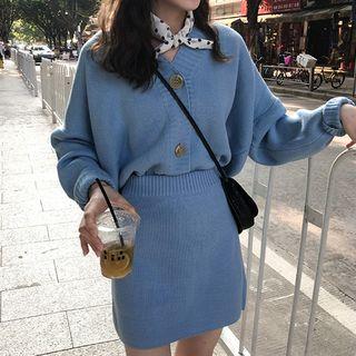 Set: V-neck Cardigan + Knit A-line Skirt