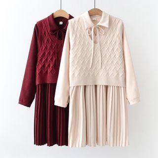 Set: Long-sleeve Tie-neck Pleated A-line Shirtdress + Sweater Vest