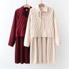 Set: Long-sleeve Tie-neck Pleated A-line Shirtdress + Sweater Vest