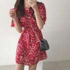 Short-sleeve Floral Print A-line Dress Red - One Size