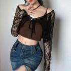Set: Strappy Cropped Camisole Top + Long-sleeve Lace Crop Top