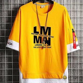 Short-sleeve Panel Lettering Round Neck Top