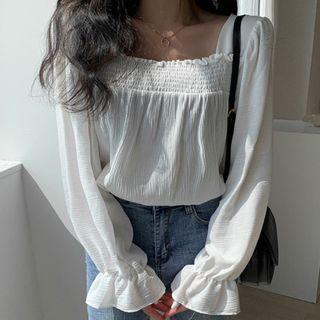 Square-neck Smocked-trim Blouse