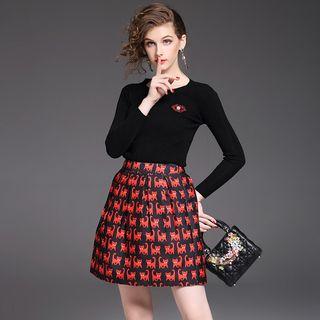 Set: Knit Top + Cat Print A-line Skirt