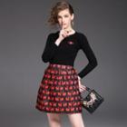 Set: Knit Top + Cat Print A-line Skirt