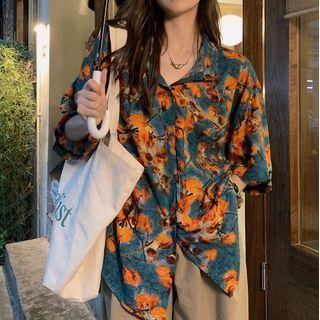 Short-sleeve Floral Hawaiian Shirt Orange Floral - Blue - One Size