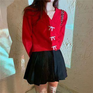 V-neck Rhinestone Bow Cropped Cardigan