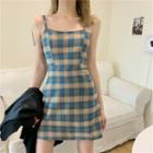 Short-sleeve T-shirt / Spaghetti Strap Plaid Mini A-line Dress