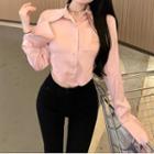 Long-sleeve Plain Cropped Blouse Pink - One Size