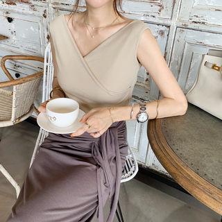 Sleeveless Ribbed Wrap Top Beige - One Size