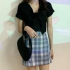 Ruffle Short-sleeve Knit Top / Plaid Mini Pencil Skirt