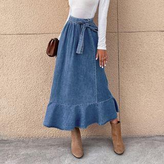 Ruffle Trim High-waist Denim Midi A-line Skirt