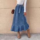 Ruffle Trim High-waist Denim Midi A-line Skirt