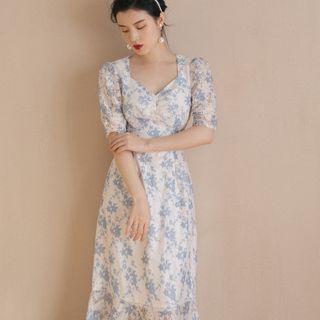 Short-sleeve Floral Print Eyelet Lace Midi Mermaid Dress