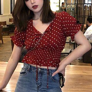 Polka Dot Short-sleeve Smocked Waist Blouse