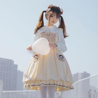 Bear Themed Frill Trim A-line Lolita Jumper Dress / Bear Ear Fleece Headband