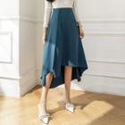 High-waist Asymmetrical Hem Plain Midi Skirt