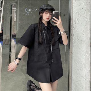 Short-sleeve Cargo Shirt With Necktie And Chain