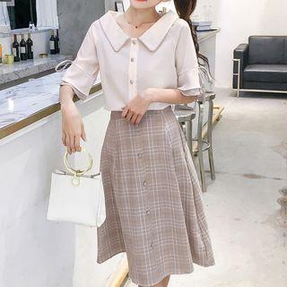 Set: Short-sleeve Blouse + Plaid A-line Skirt