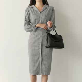 Tie-sleeve Houndstooth Long Dress