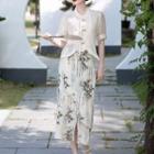 Set: Short-sleeve Plain Blouse + Midi Pencil Skirt