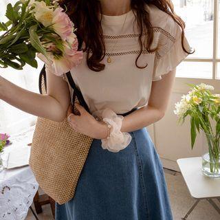 Frill-sleeve Mesh-trim Top